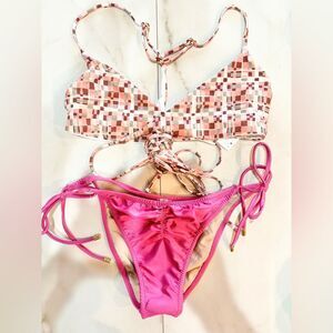 New Anthropologie l*space Kristen Top PilyQ Ruched Pink Patterned Bikini